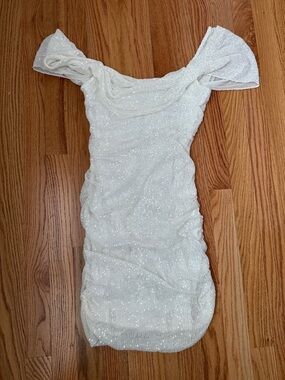 Hello Molly White off the Shoulder Sequin Mini Dress
